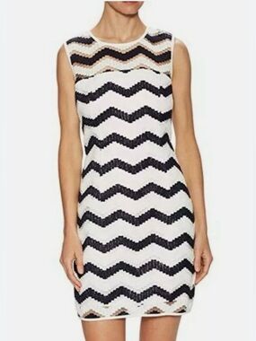 Milly Womens Sheath Dress Chevron Sleeveless Crew Neck Cotton Black White